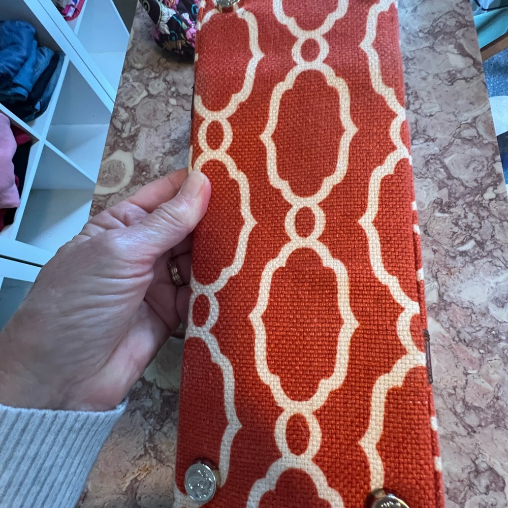 Sallie Ann Orange & Cream Geometric Pattern Linen and Leather Bag - Picture 3 of 4